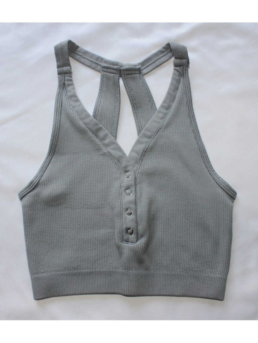 Yogalicious Gray Seamless Ribbed Snap Front Henley Cropped Tank Top M